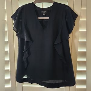 Ann Taylor Factory black short sleeve V neck blouse with flutter detail, XXSP